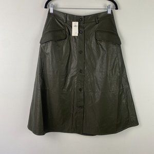 Banana Republic Vegan Leather Midi Skirt Size 4 Button Front Green Pockets